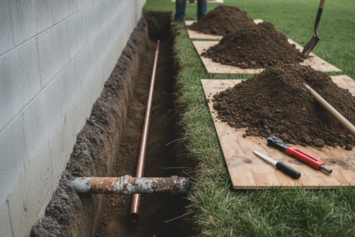 Excavated water line trench during Sewer Line Repair in Blandon